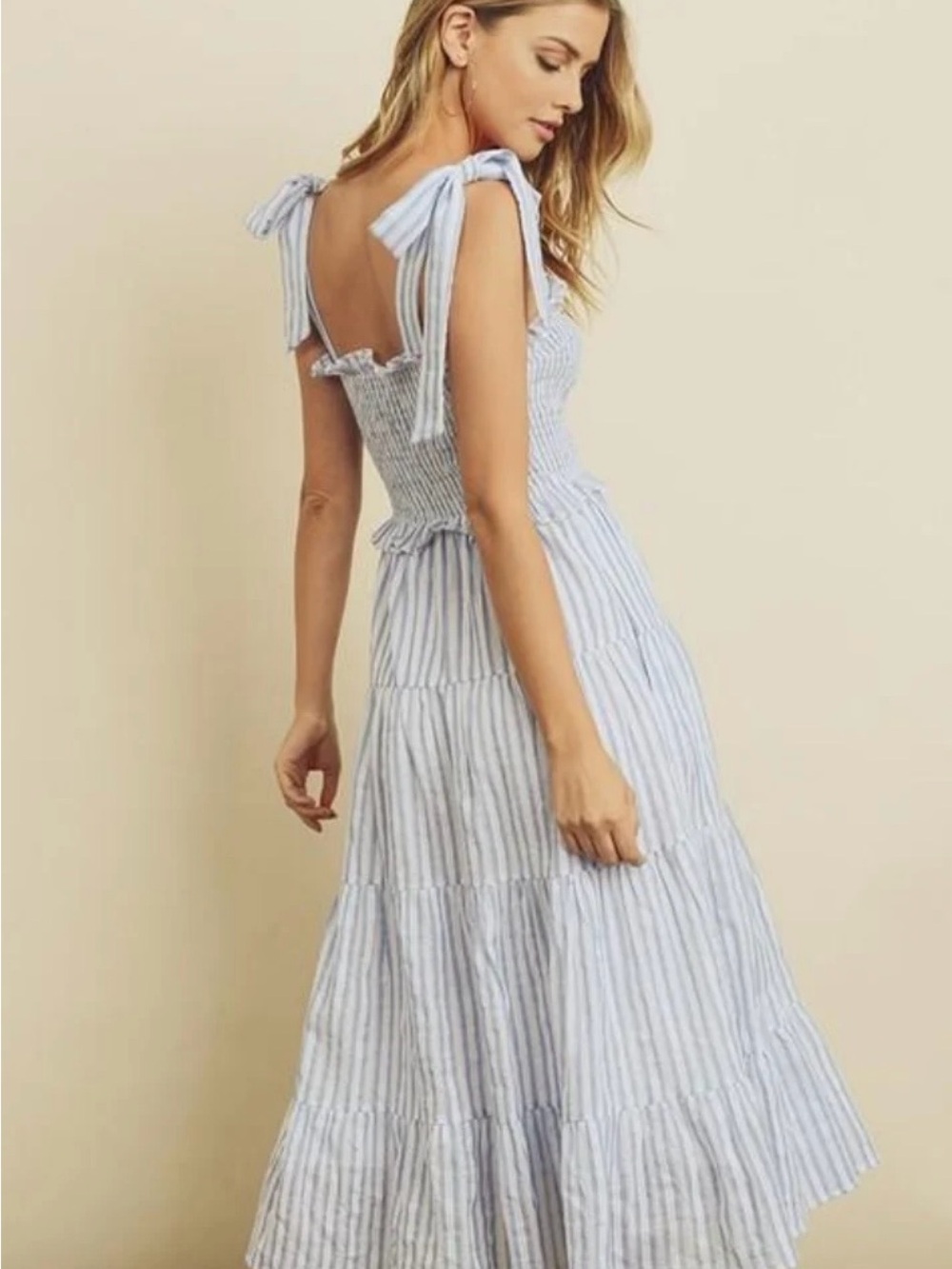 Aura Seersucker blue & white striped bow strap midi dress